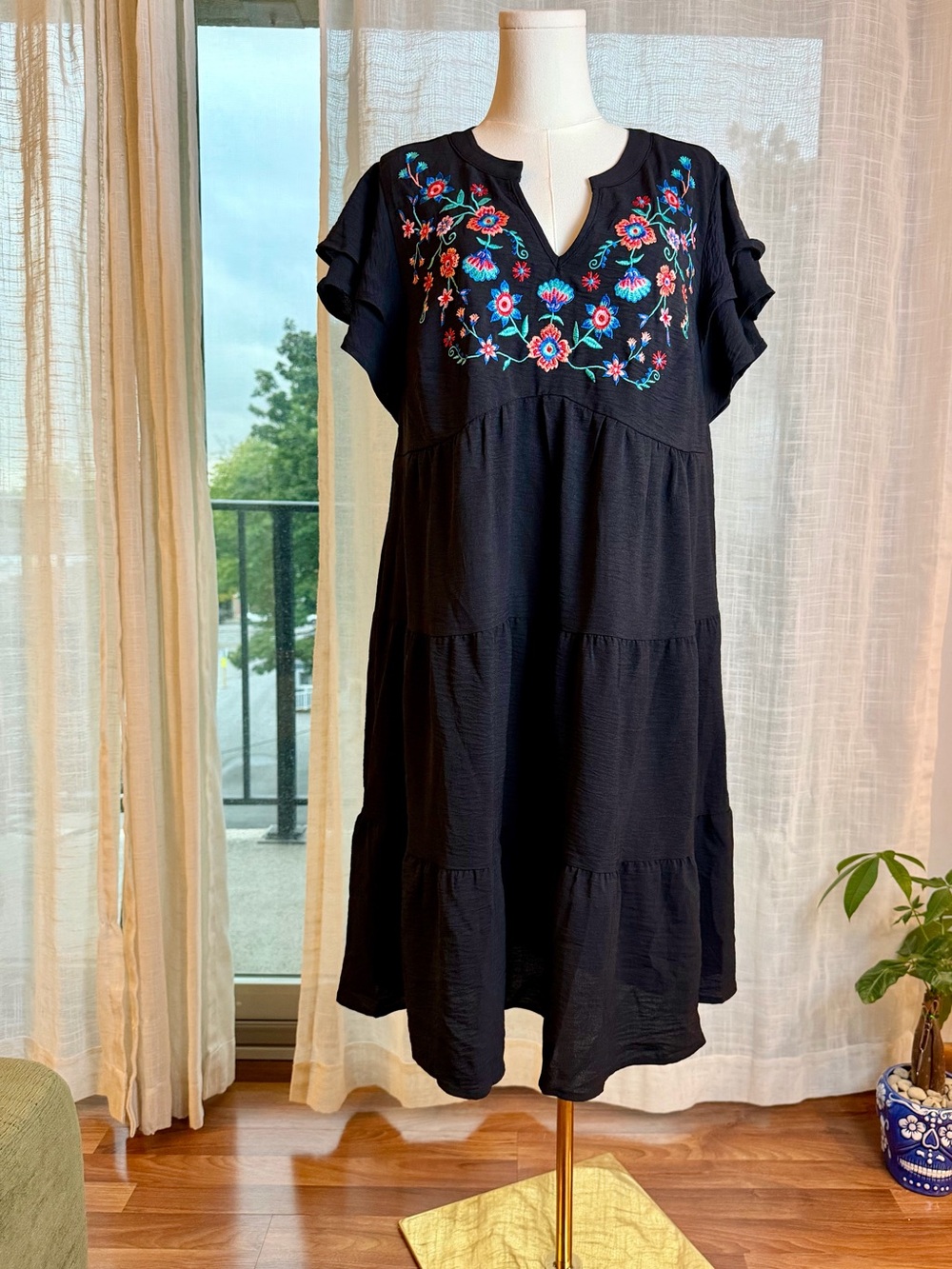 BloomChic Black Tiered Midi Dress with Colorful Floral Embroidery